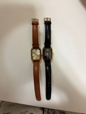 Anne Klein Gold-Tone Rectangular Watches with Brown and Black Leather Straps